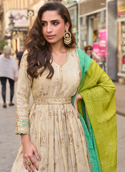 Real Shimmer Silk Cream Festival Wear Embroidery Work Readymade Anarkali Suit 387223