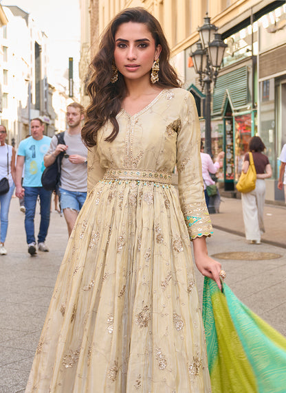 Real Shimmer Silk Cream Festival Wear Embroidery Work Readymade Anarkali Suit 387223