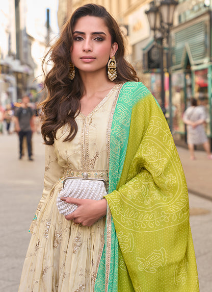 Real Shimmer Silk Cream Festival Wear Embroidery Work Readymade Anarkali Suit 387223