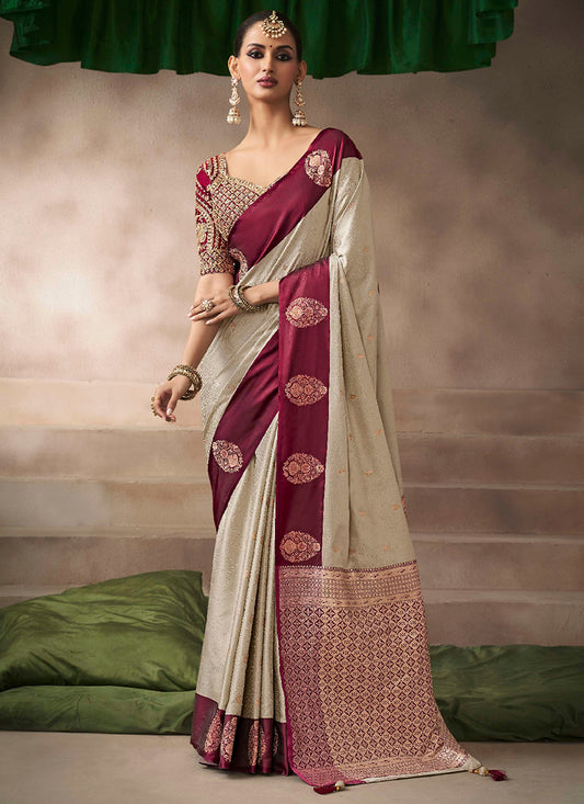 Satin Silk Cream Saree with Zari Work for Occasional Wear 383511