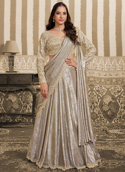 Cream Satin Embroidery Work Wedding Wear Ready To Wear Indowestern Saree SW350189