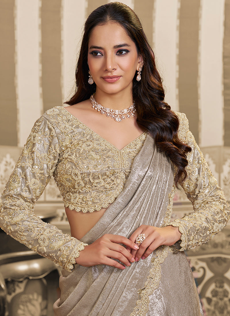 Cream Satin Embroidery Work Wedding Wear Ready To Wear Indowestern Saree SW350189