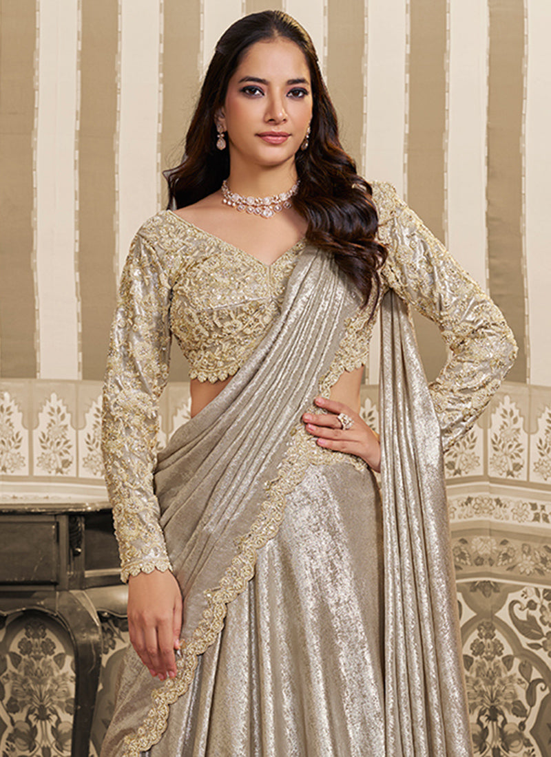 Cream Satin Embroidery Work Wedding Wear Ready To Wear Indowestern Saree SW350189
