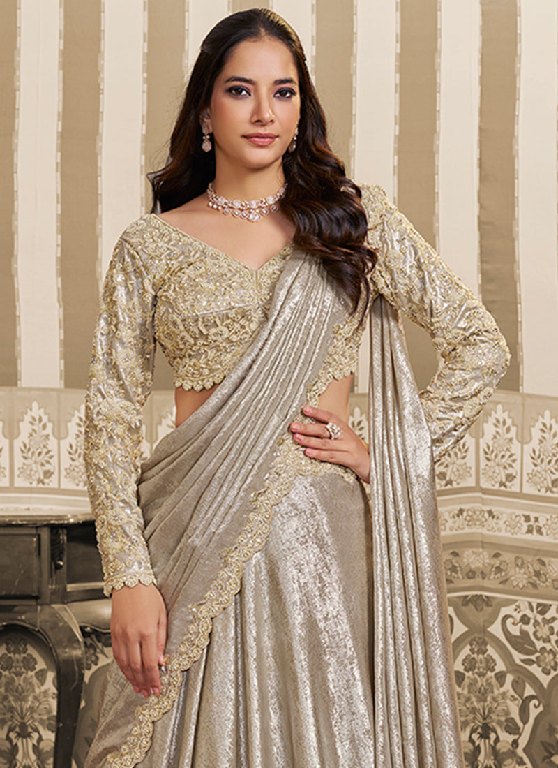 Cream Satin Embroidery Work Wedding Wear Ready To Wear Indowestern Saree SW350189