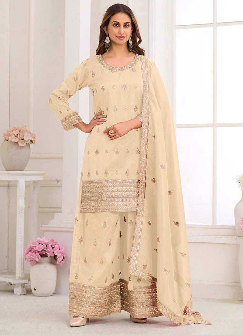 Cream Shimmer Silk Embroidery Work Festival Wear Readymade Plazzo Suit SW109208