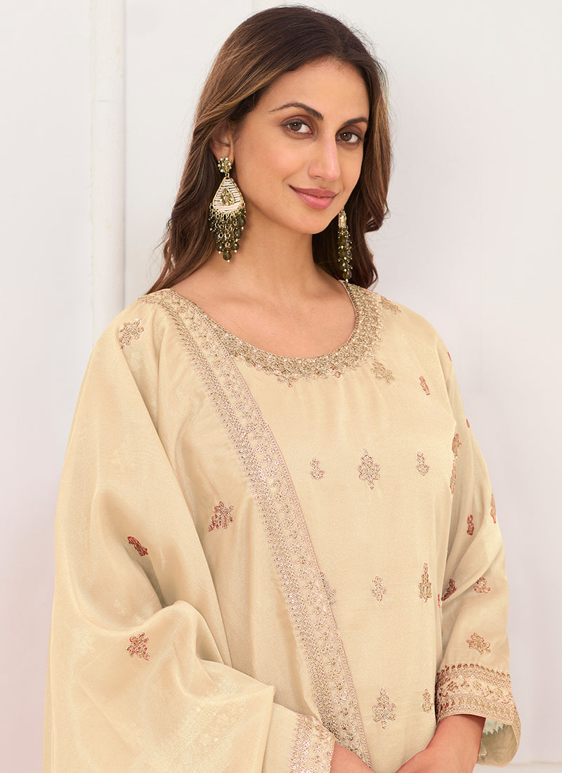Cream Shimmer Silk Embroidery Work Festival Wear Readymade Plazzo Suit SW109208