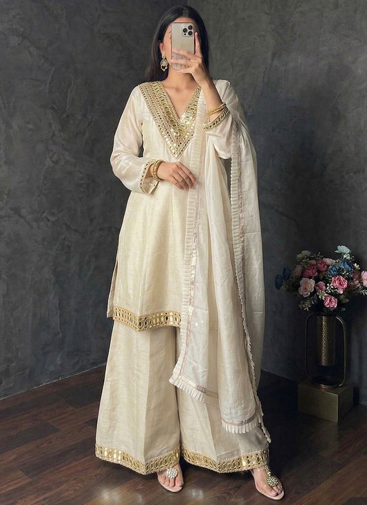 Cream Shimmer Silk Embroidery Work Occasional Wear Readymade Plazzo Suit SW239900