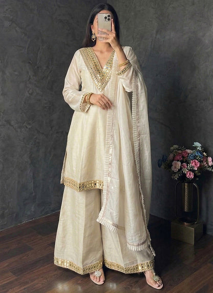Cream Shimmer Silk Embroidery Work Occasional Wear Readymade Plazzo Suit SW239900