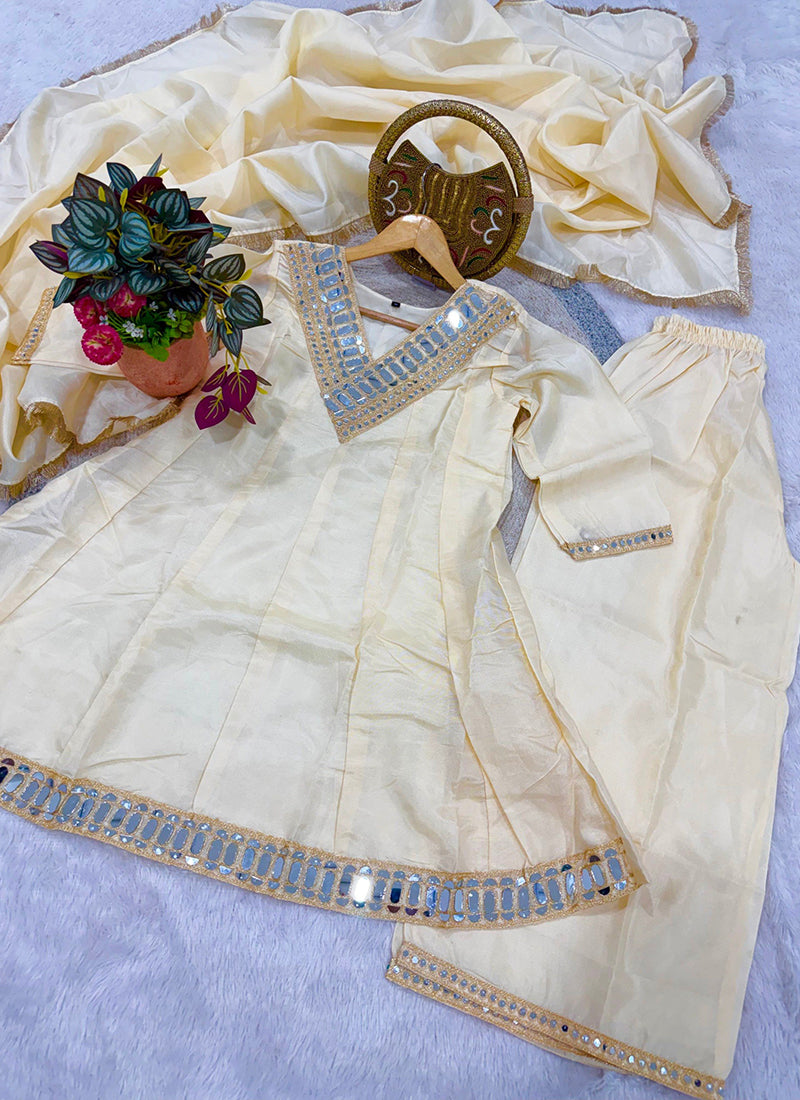 Cream Shimmer Silk Embroidery Work Occasional Wear Readymade Plazzo Suit SW239900