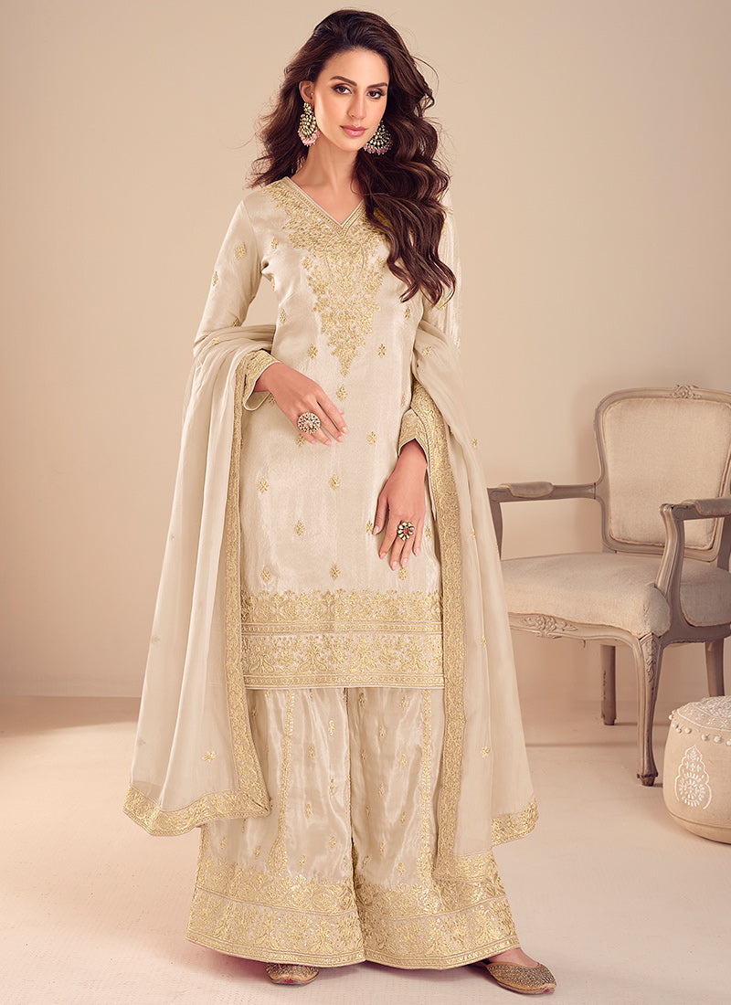 Cream Shimmer Silk Sequins Work  Occasional Wear Readymade Plazzo Suit SW142005
