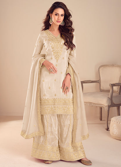 Cream Shimmer Silk Sequins Work  Occasional Wear Readymade Plazzo Suit SW142005