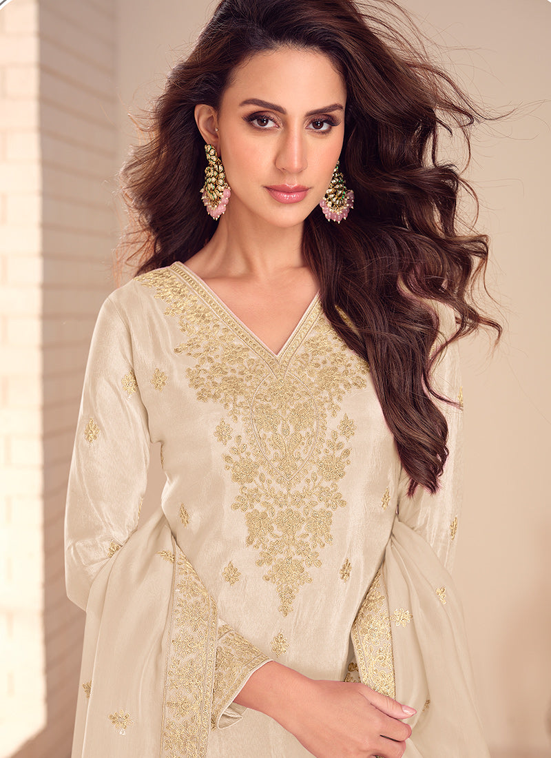 Cream Shimmer Silk Sequins Work  Occasional Wear Readymade Plazzo Suit SW142005
