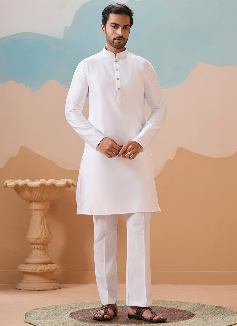 Silk Cream Festival Wear Embroidery Work Readymade Modi Jacket Kurta Pajama 386374