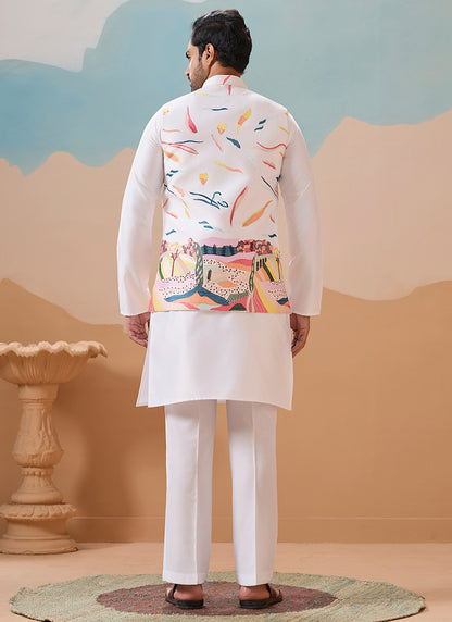 Silk Cream Festival Wear Embroidery Work Readymade Modi Jacket Kurta Pajama 386374