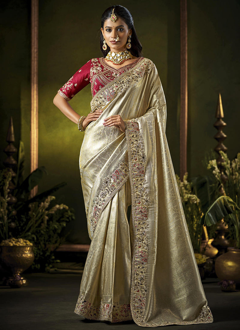 Silk Cream Saree with Cut Work for Bridal Wear 381099