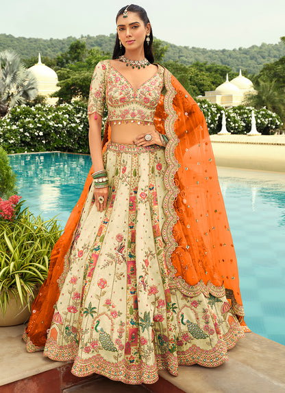 Silk Cream Wedding Wear Heavy Embroidery Cut Work Readymade Lehenga Choli 386492