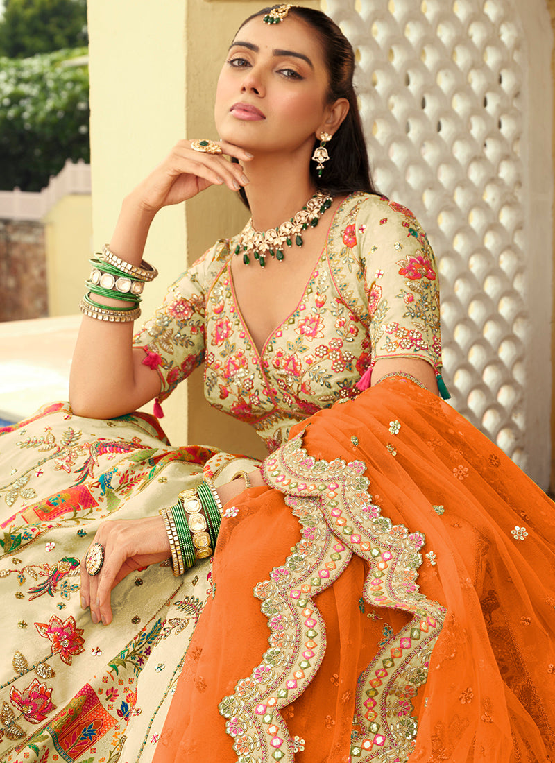 Silk Cream Wedding Wear Heavy Embroidery Cut Work Readymade Lehenga Choli 386492