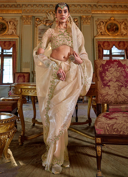 Soft Tissue Cream Festival Wear Thread Embroidery Work Designer Saree 388253