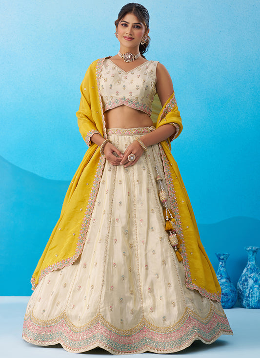 Cream Tissue Embroidery Work Reception Wear Lehenga Choli SW749991