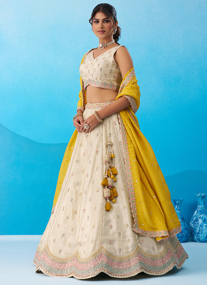 Cream Tissue Embroidery Work Reception Wear Lehenga Choli SW749991