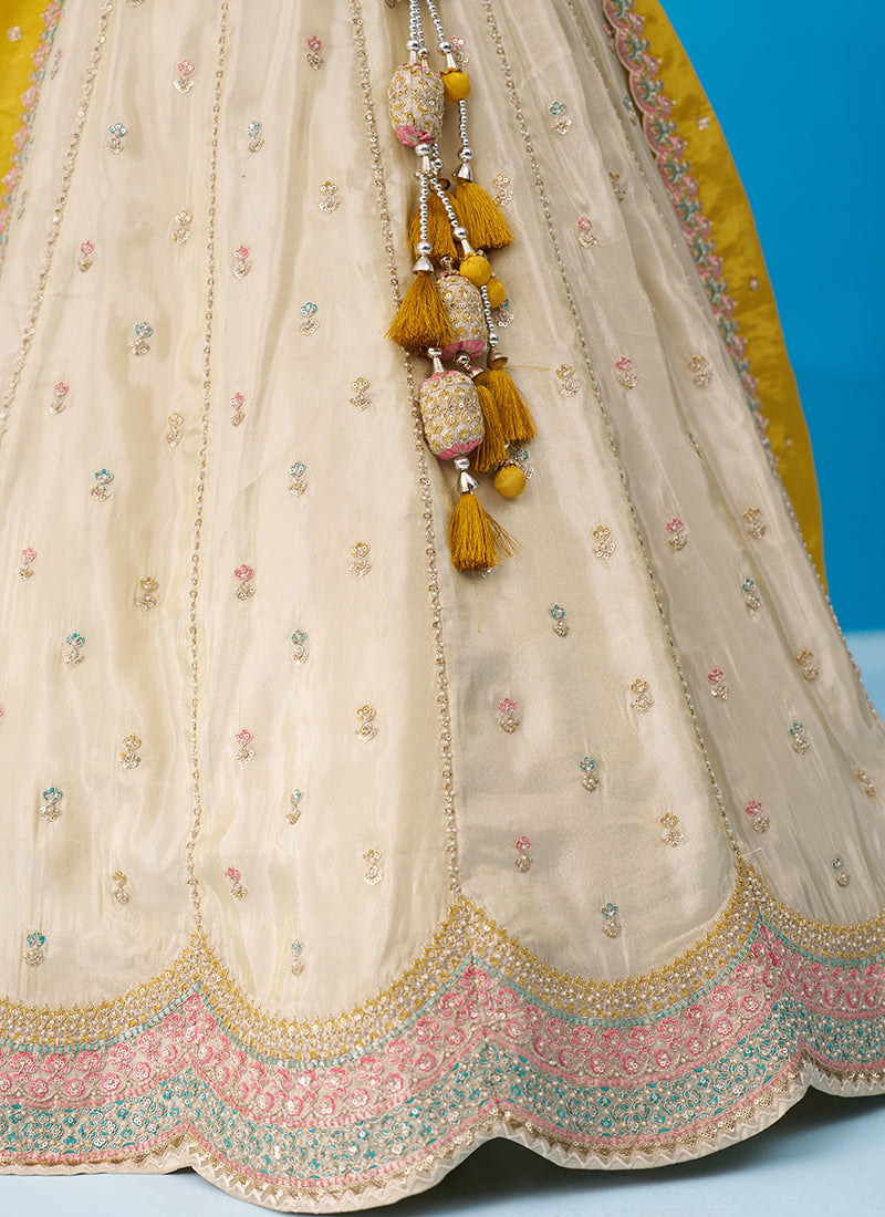 Cream Tissue Embroidery Work Reception Wear Lehenga Choli SW749991