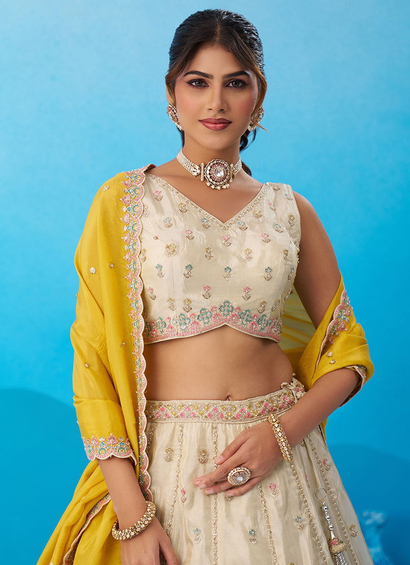 Cream Tissue Embroidery Work Reception Wear Lehenga Choli SW749991