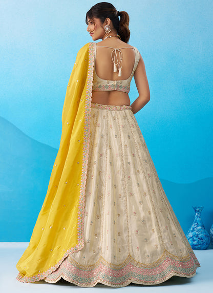 Cream Tissue Embroidery Work Reception Wear Lehenga Choli SW749991