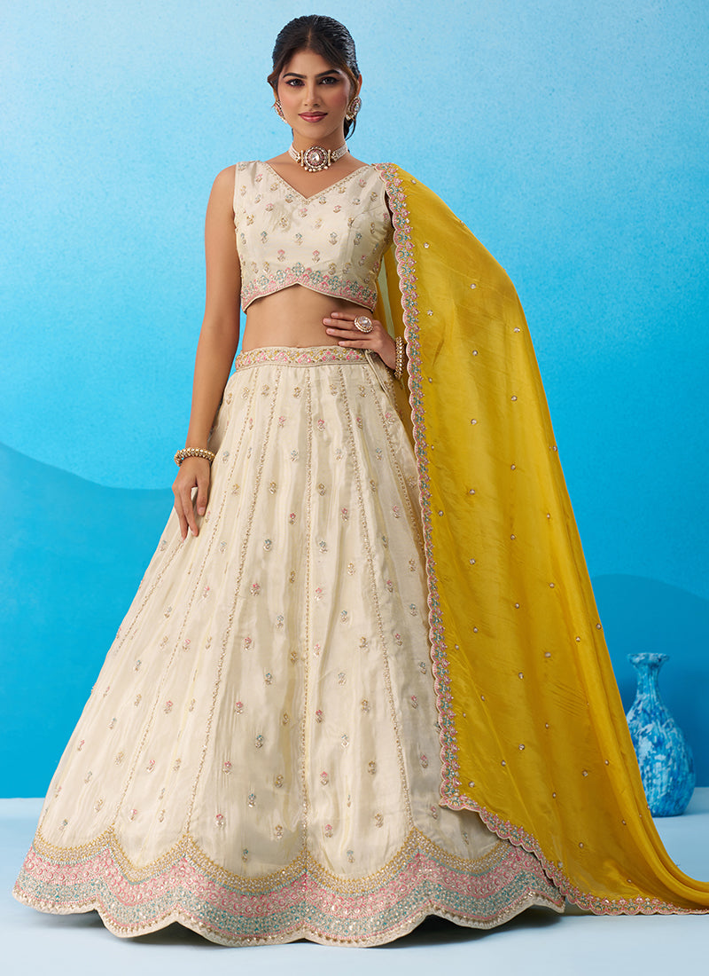 Cream Tissue Embroidery Work Reception Wear Lehenga Choli SW749991