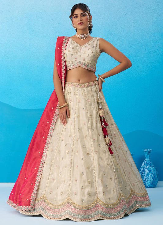 Cream Tissue Embroidery Work Reception Wear Lehenga Choli SW378973
