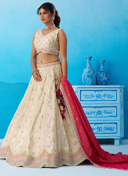 Cream Tissue Embroidery Work Reception Wear Lehenga Choli SW378973
