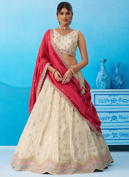 Cream Tissue Embroidery Work Reception Wear Lehenga Choli SW378973