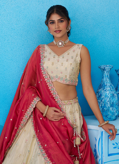 Cream Tissue Embroidery Work Reception Wear Lehenga Choli SW378973
