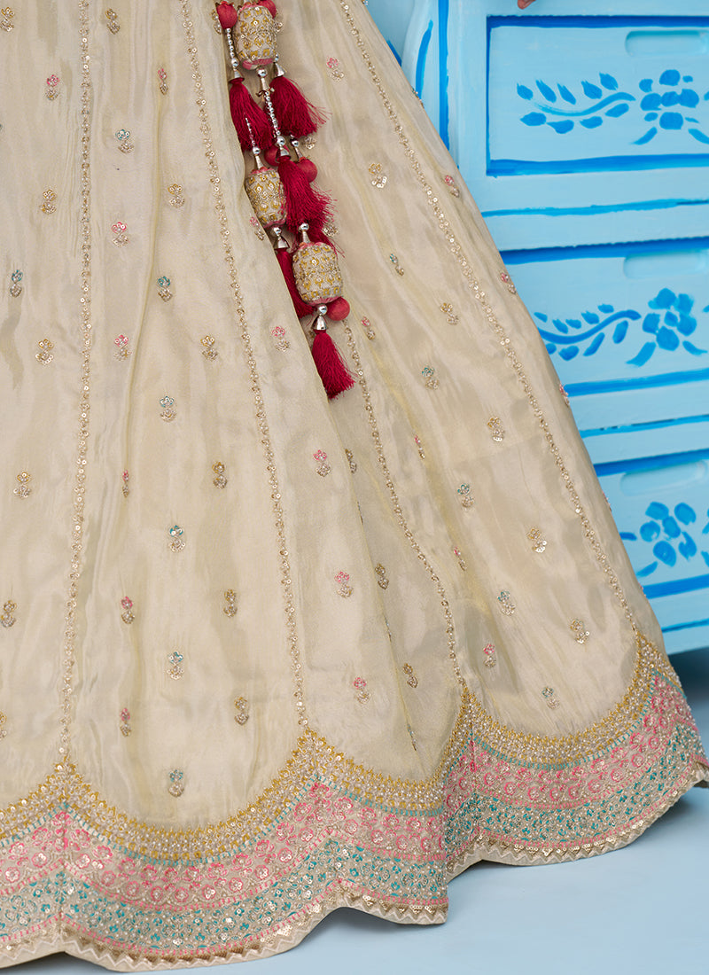 Cream Tissue Embroidery Work Reception Wear Lehenga Choli SW378973