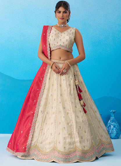 Cream Tissue Embroidery Work Reception Wear Lehenga Choli SW378973
