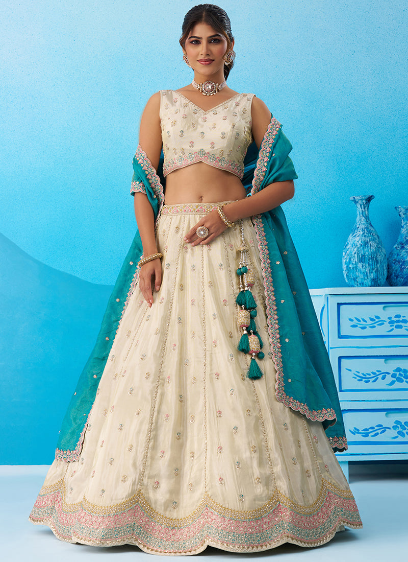 Cream Tissue Embroidery Work Reception Wear Lehenga Choli SW395243