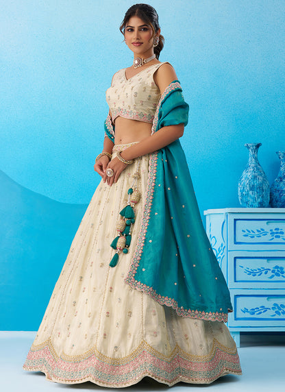 Cream Tissue Embroidery Work Reception Wear Lehenga Choli SW395243