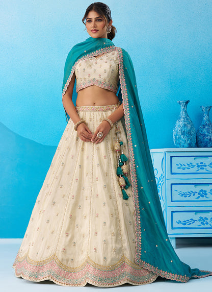 Cream Tissue Embroidery Work Reception Wear Lehenga Choli SW395243