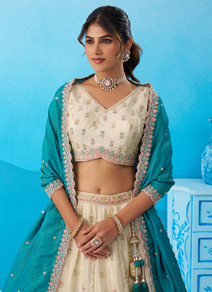 Cream Tissue Embroidery Work Reception Wear Lehenga Choli SW395243