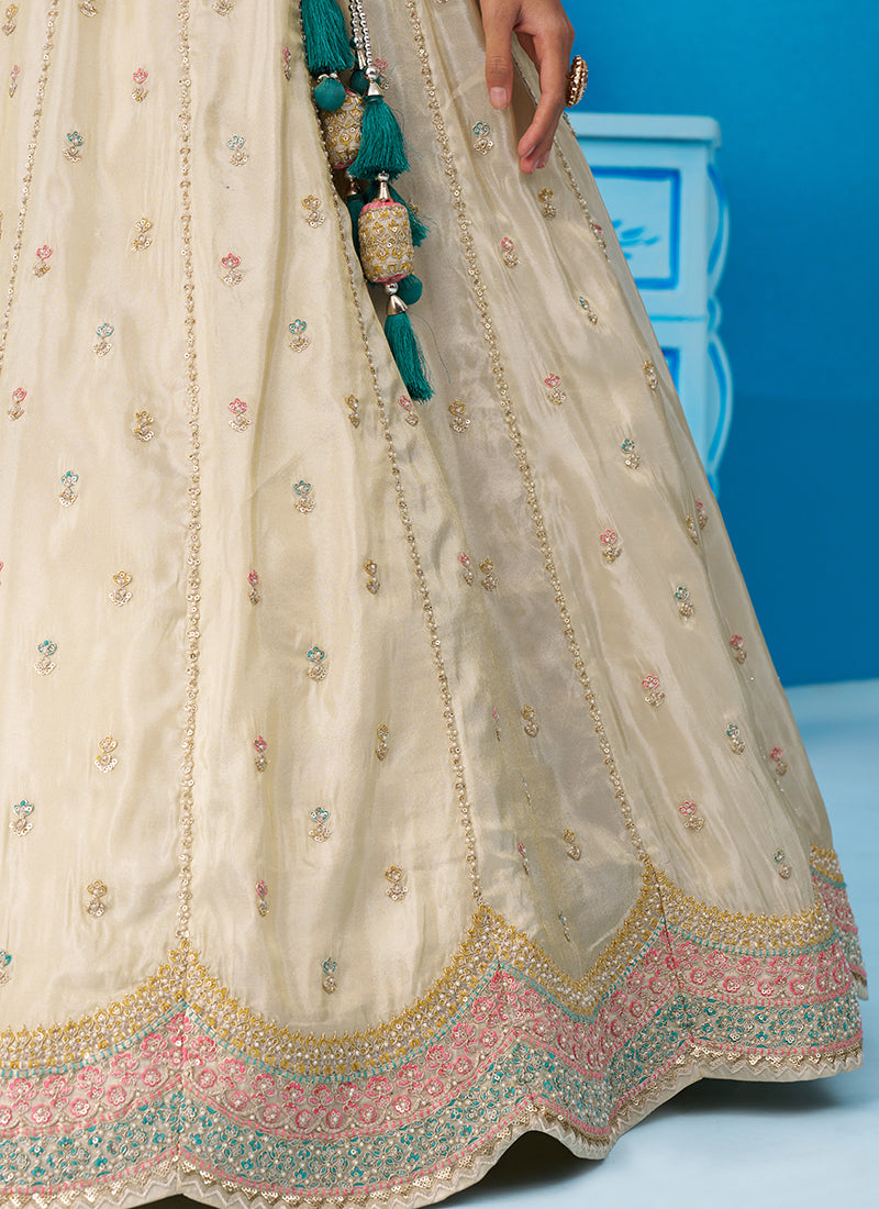 Cream Tissue Embroidery Work Reception Wear Lehenga Choli SW395243
