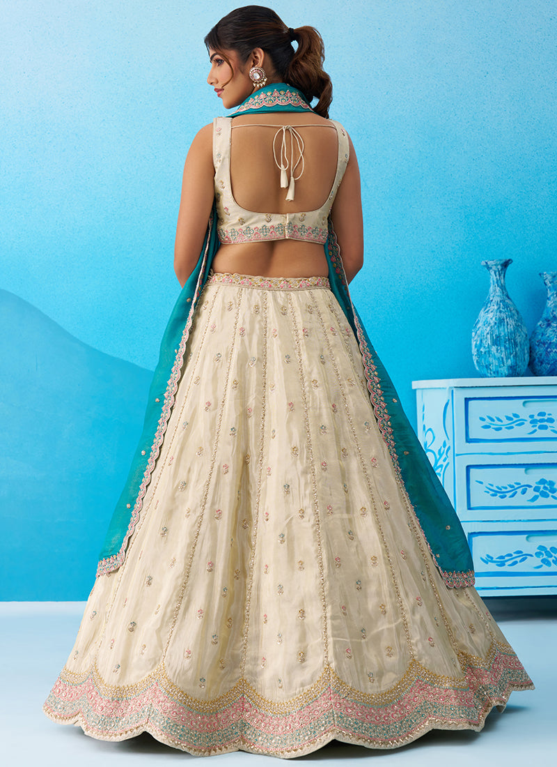 Cream Tissue Embroidery Work Reception Wear Lehenga Choli SW395243