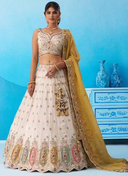 Cream Tissue Sequins Work Reception Wear Lehenga Choli SW131658