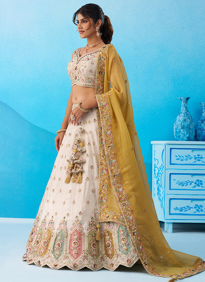Cream Tissue Sequins Work Reception Wear Lehenga Choli SW131658