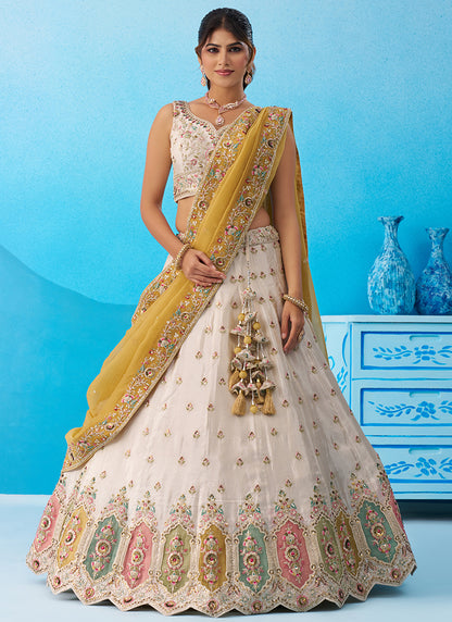 Cream Tissue Sequins Work Reception Wear Lehenga Choli SW131658