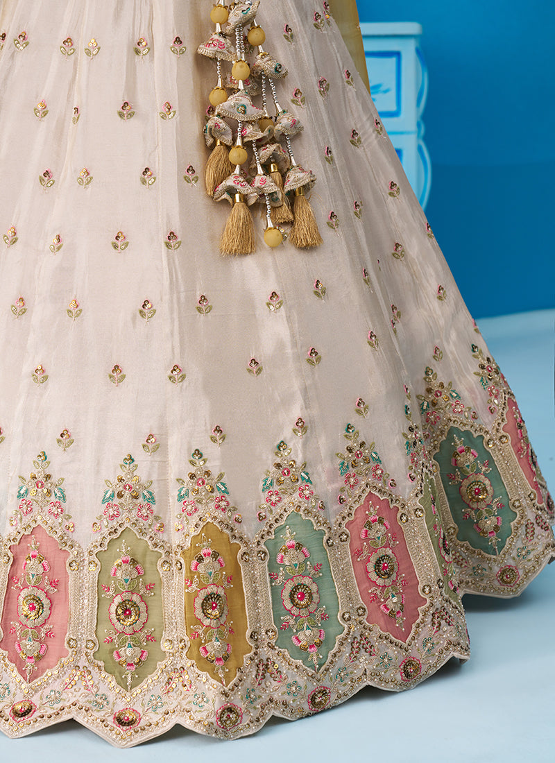 Cream Tissue Sequins Work Reception Wear Lehenga Choli SW131658
