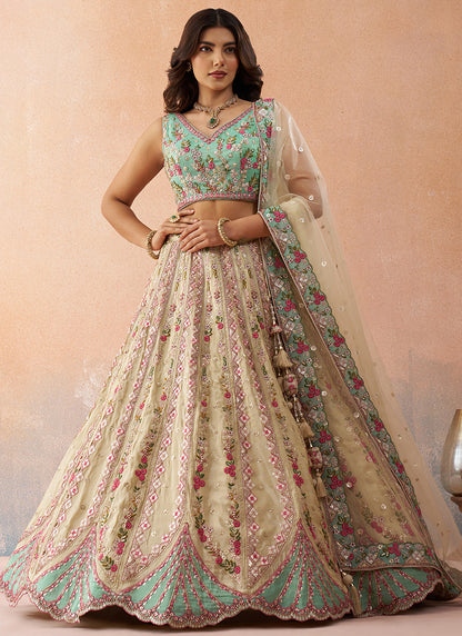 Cream Tissue Embroidery Work Occasional Wear Lehenga Choli SW422086