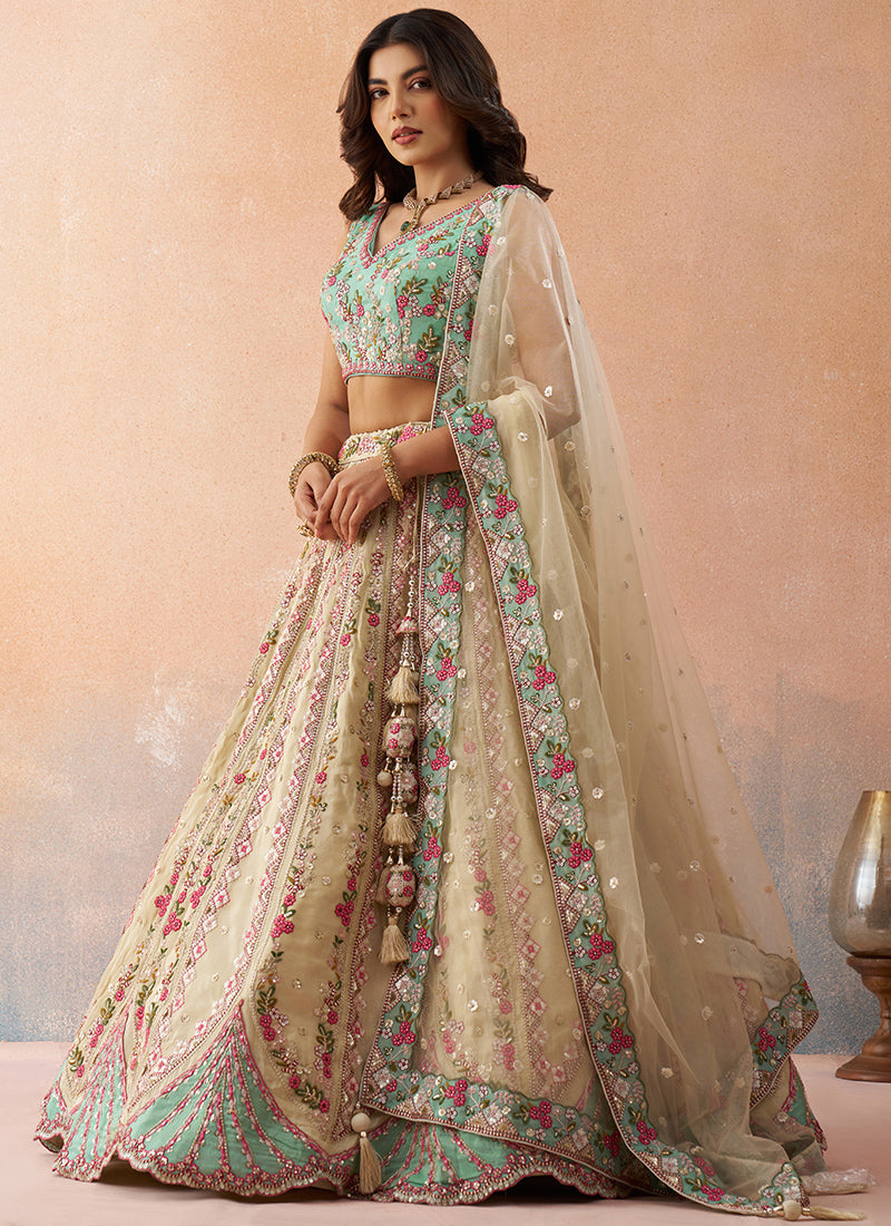 Cream Tissue Embroidery Work Occasional Wear Lehenga Choli SW422086