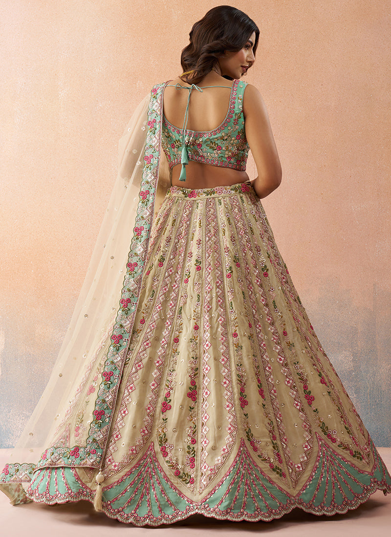 Cream Tissue Embroidery Work Occasional Wear Lehenga Choli SW422086