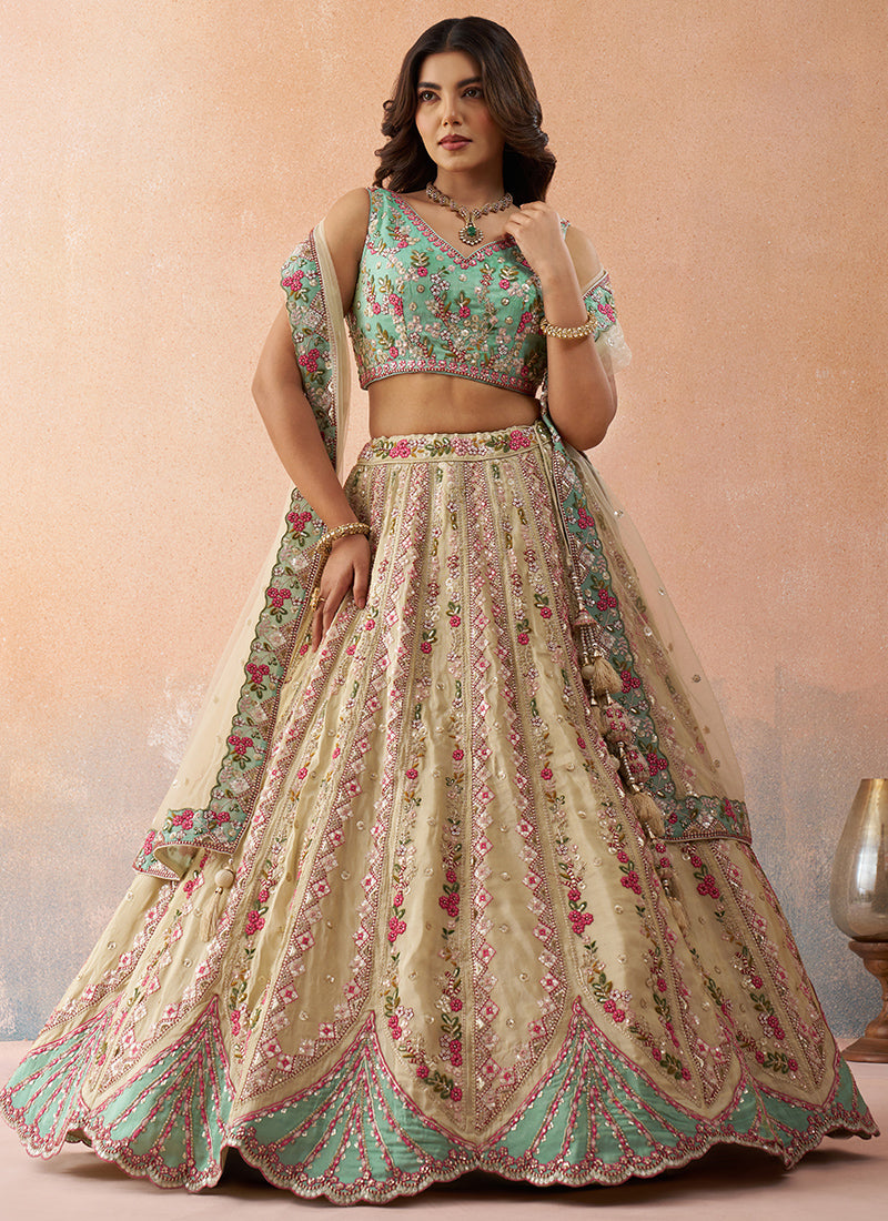 Cream Tissue Embroidery Work Occasional Wear Lehenga Choli SW422086