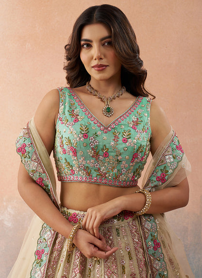 Cream Tissue Embroidery Work Occasional Wear Lehenga Choli SW422086