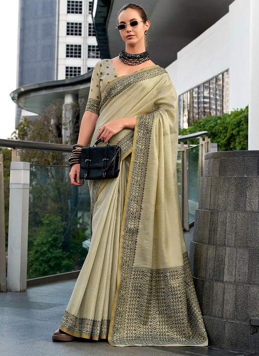 Cream Tissue Silk Printed Work Occasional Wear Saree SW203106